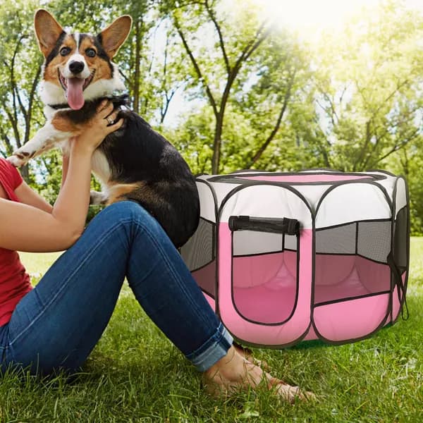 Portable Foldable Pet Playpen Exercise Pen set up for play indoors