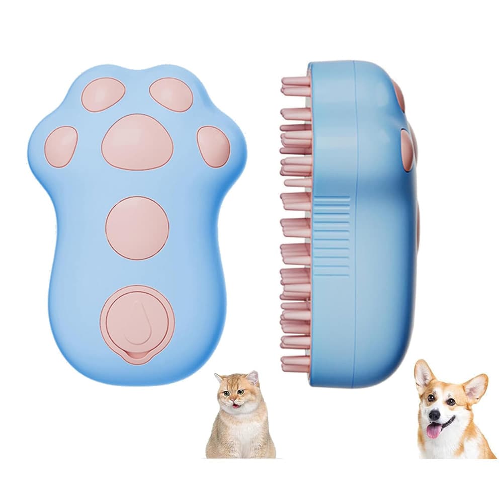 Rechargeable Steam Pet Brush next to a fabric sofa