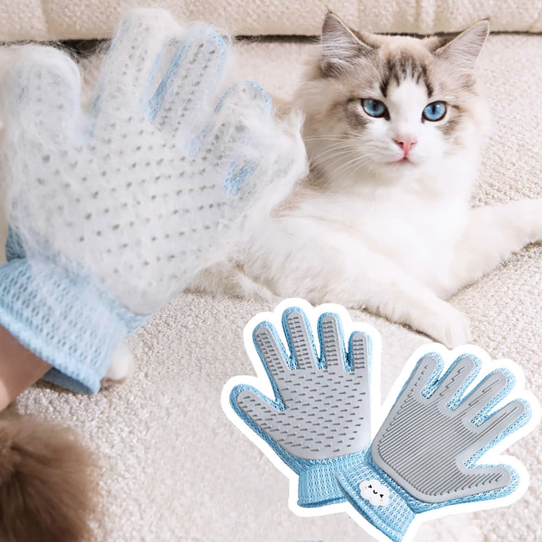 2in1 Double Sided Pet Grooming Glove next to a fabric sofa
