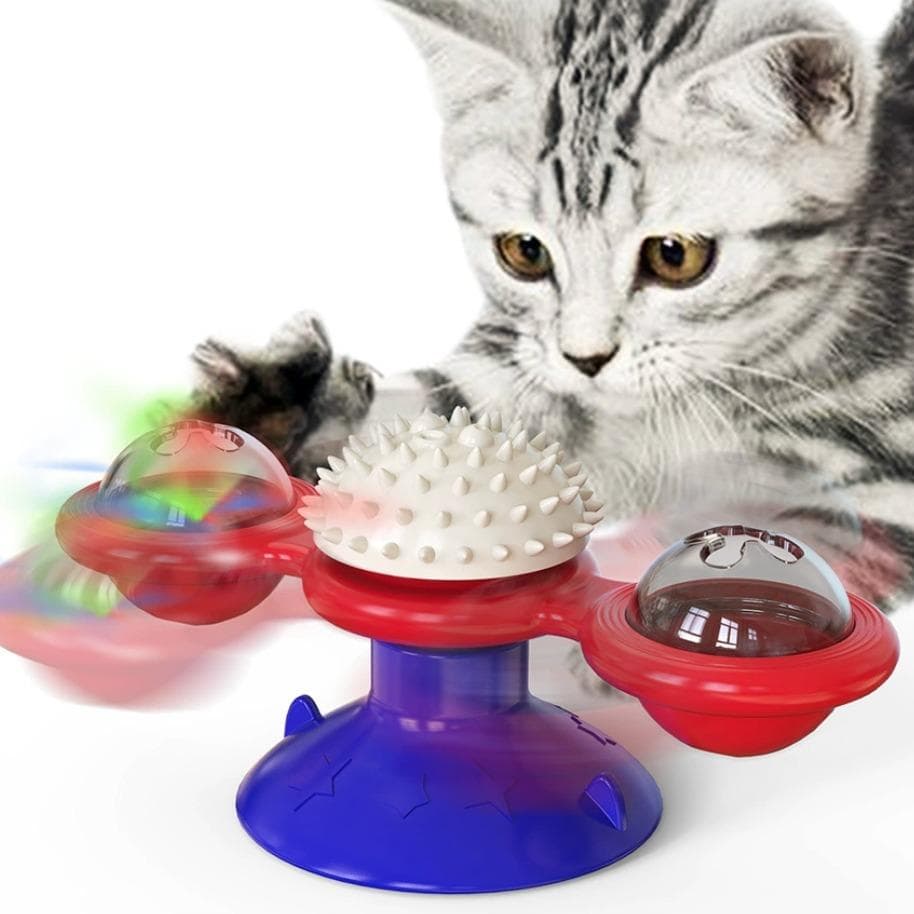 Interactive Windmill Cat Toy with LED Light Ball set up for play indoors