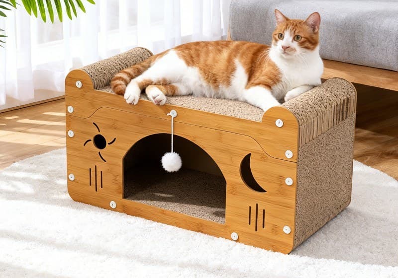 Star & Moon Cutout Cat Scratcher Couch set up for play indoors