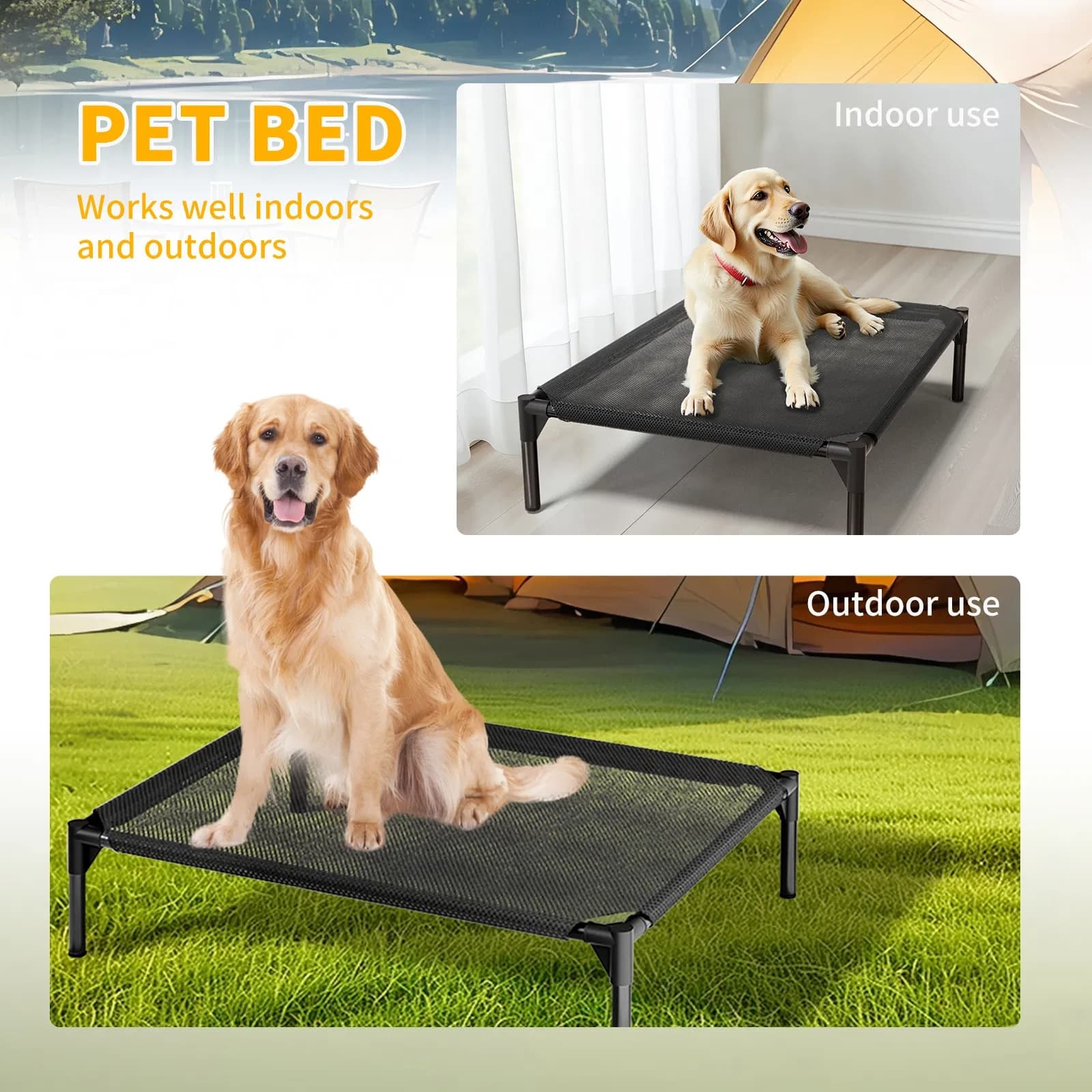 Elevated Breathable Mesh Pet Bed laid out on a wooden floor