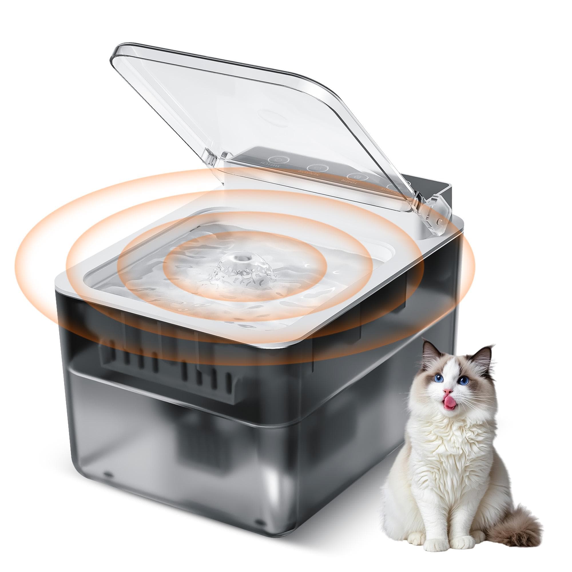 Stainless Steel Cat Automatic Induction Pet Water Fountain on a kitchen floor
