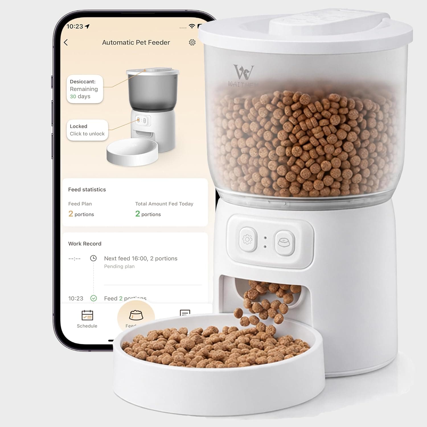 Waithem Wi-Fi Automatic Pet Feeder on a kitchen floor